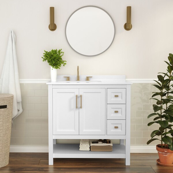Flash Furniture Vega 36-in. Vanity w/Sink, Storage Cabinet w/Soft Close Doors, Open Shelf and 3 Drawers, White/Gold FS-VEGA36-KD-WH-GLD-GG - main